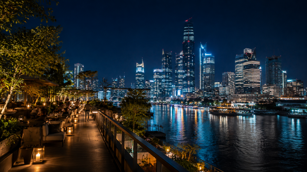 新盛娱乐城市夜景封面图，滨水夜景餐厅露台与城市灯光