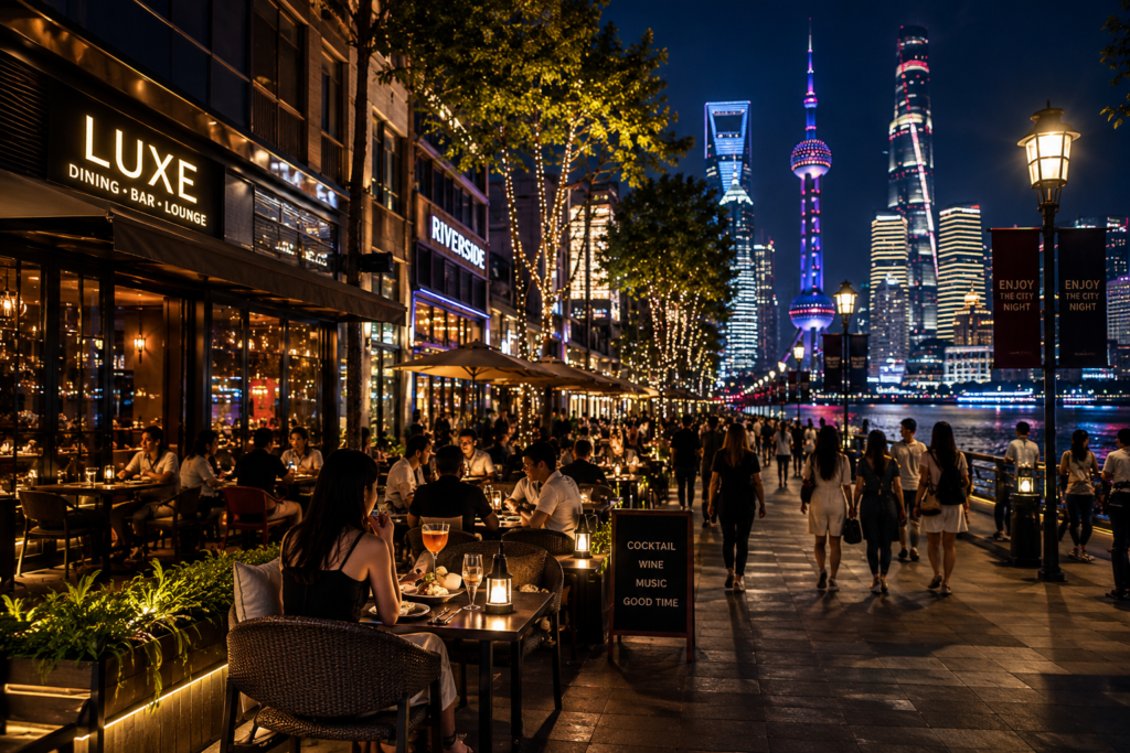新盛娱乐城市娱乐生活封面图，夜晚滨水餐厅街区与城市夜景