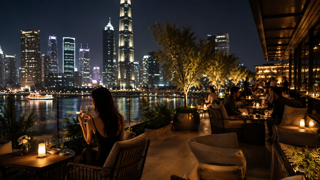 新盛娱乐城市夜生活封面图，露台酒廊与城市夜景休闲氛围