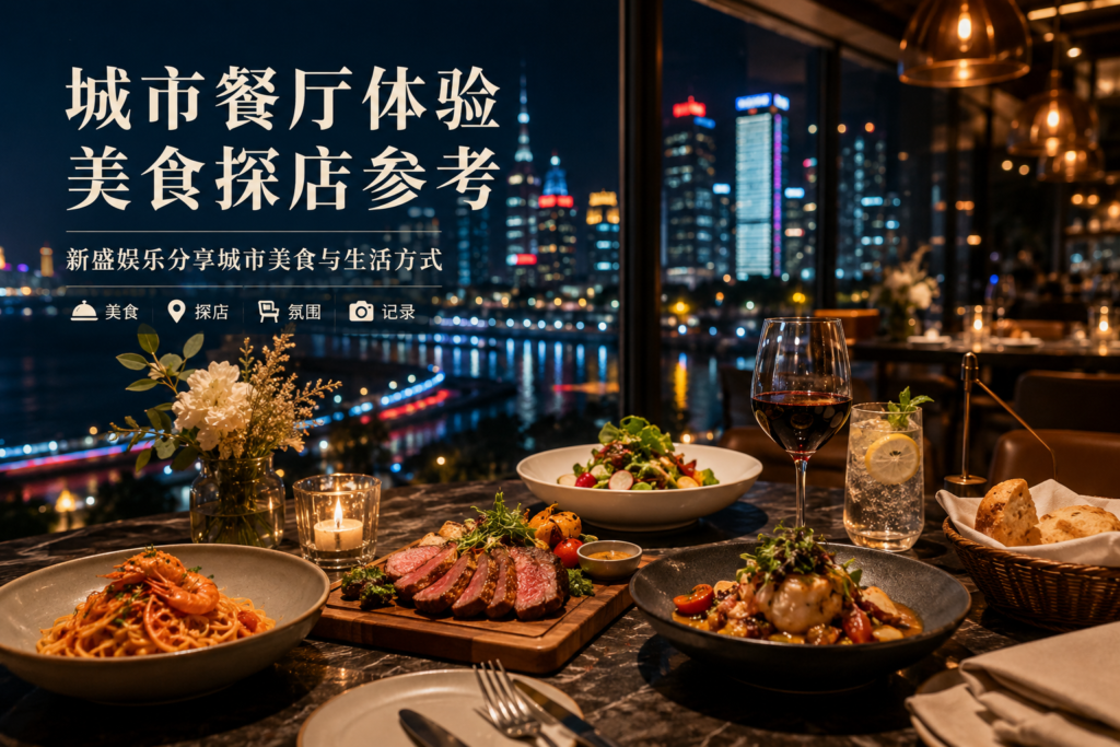 新盛娱乐美食探店封面图，城市餐厅夜景与精致美食体验