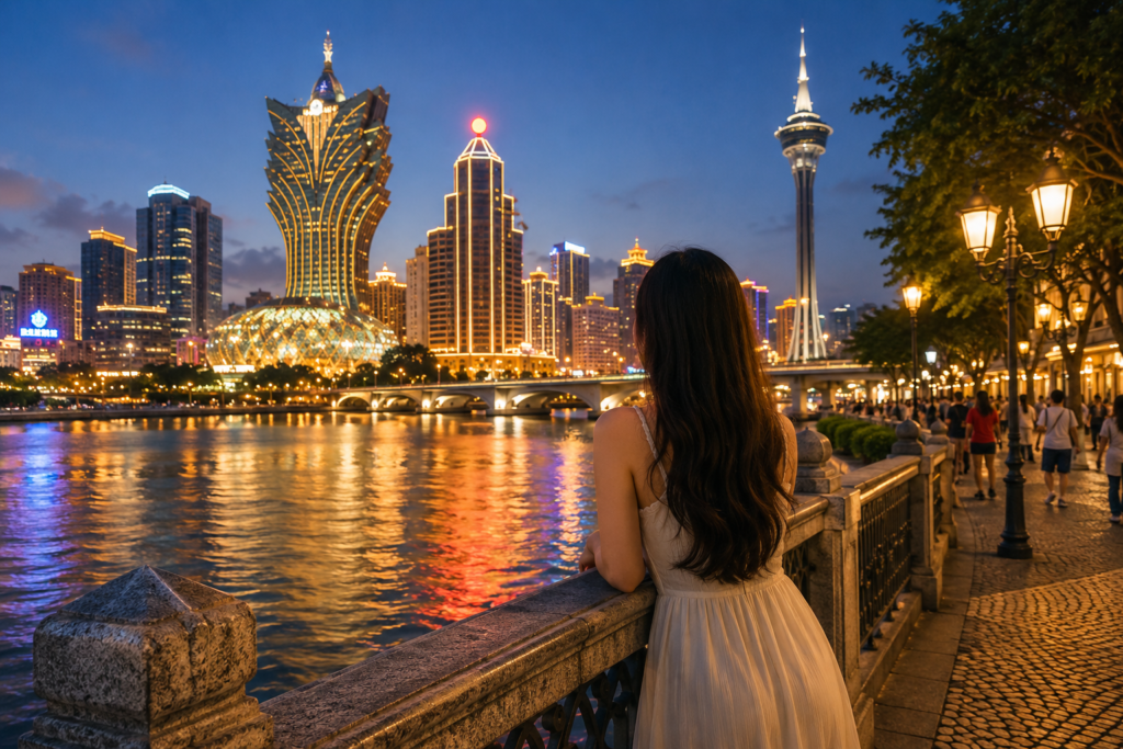 澳门周末旅行封面图，新盛娱乐分享澳门夜景、滨水步道、城市休闲与两天一夜旅行体验