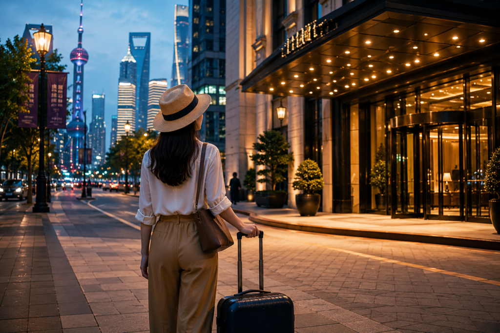 新盛娱乐城市旅行攻略封面图，旅人在城市街道与酒店门口准备出行