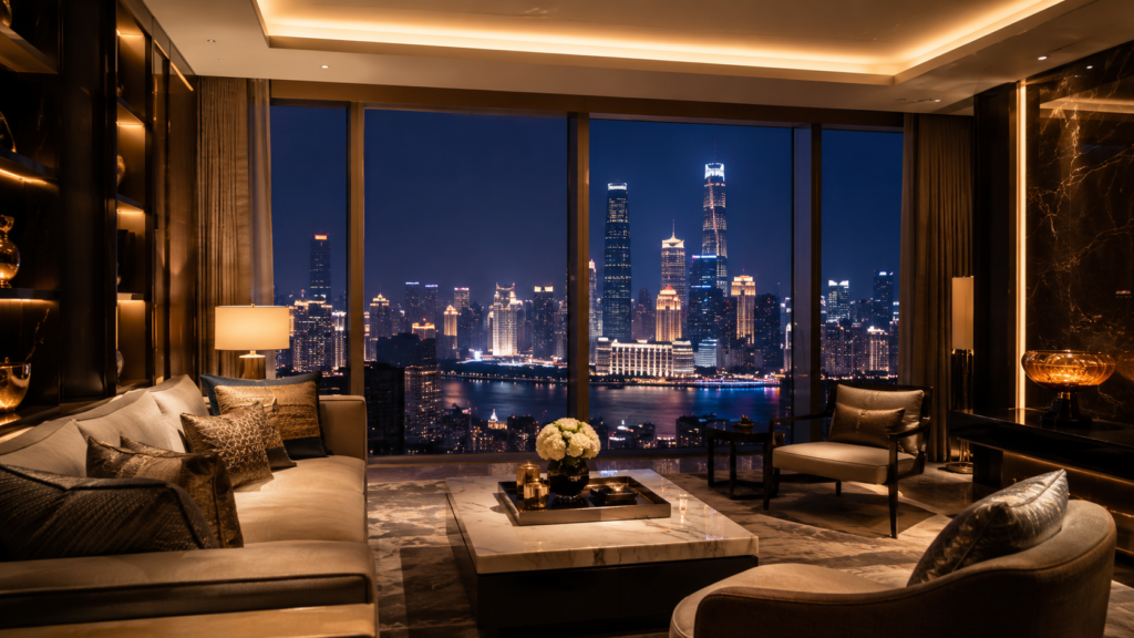 新盛娱乐城市夜景酒店体验封面图，豪华客厅与落地窗城市夜景