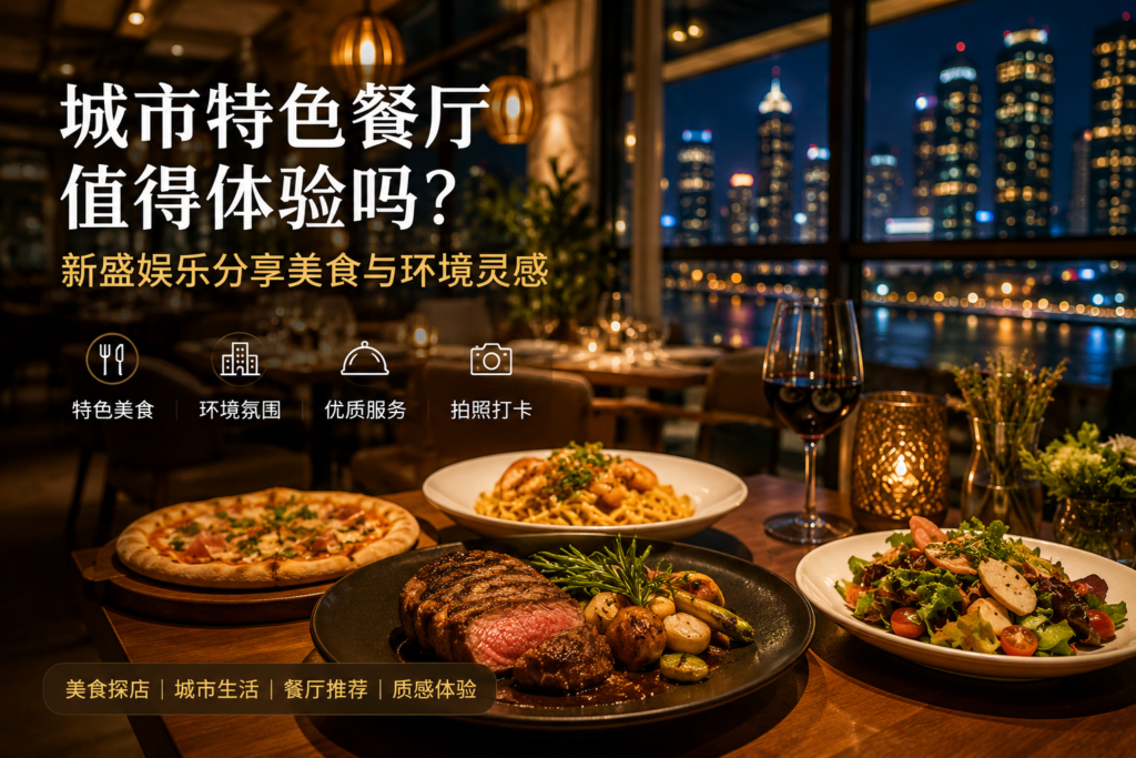 新盛娱乐美食探店封面图，城市特色餐厅、美食与夜景用餐氛围