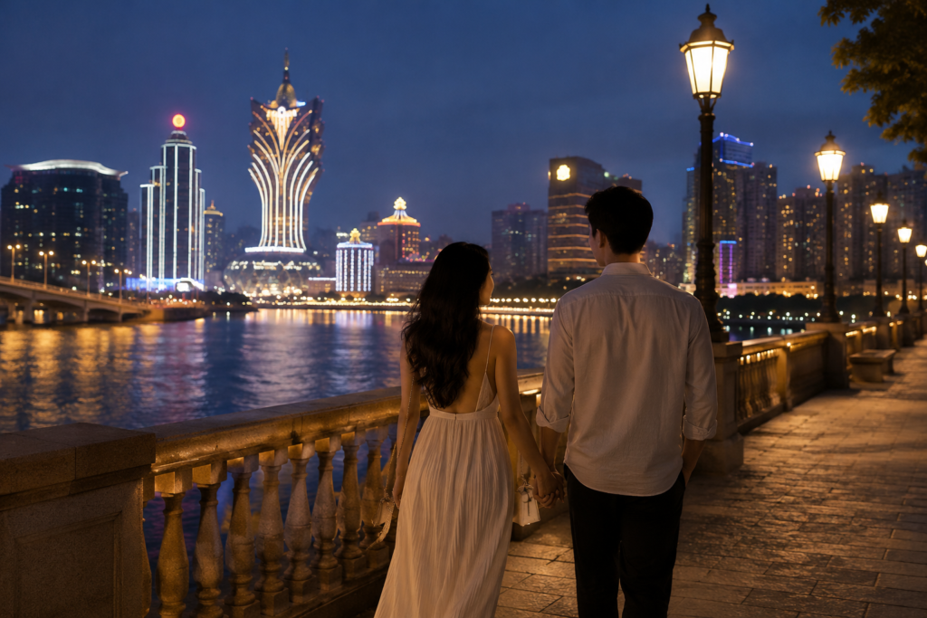 澳门情侣约会地点封面图，新盛娱乐分享滨水夜景、浪漫散步路线与情侣旅行体验