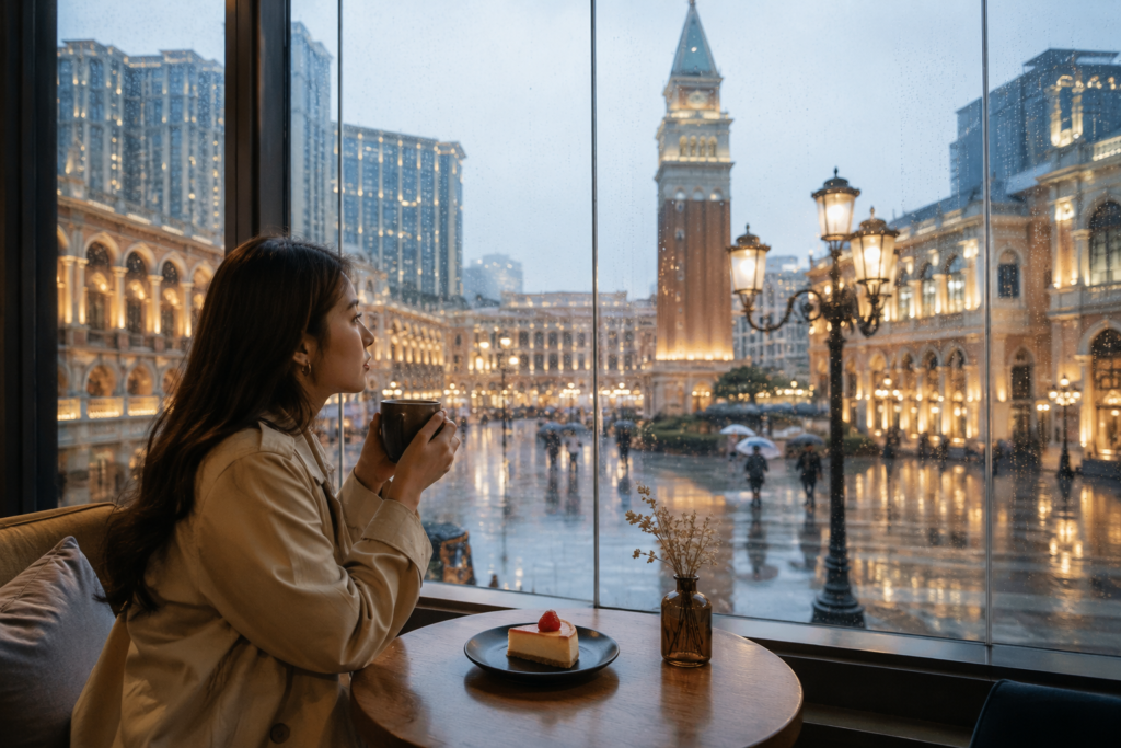 澳门雨天旅行封面图，新盛娱乐分享雨天咖啡馆、室内休闲与澳门旅行体验